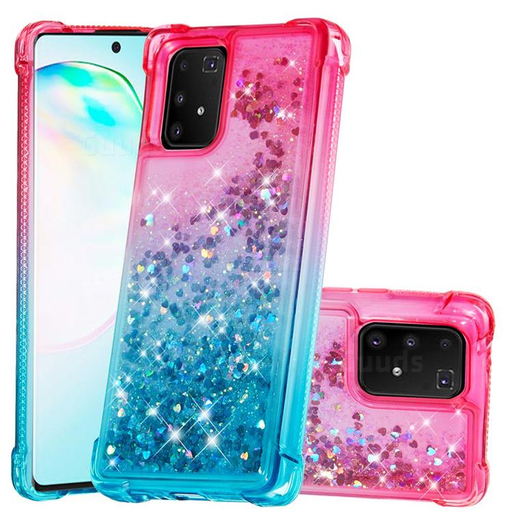 Rainbow Gradient Liquid Glitter Quicksand Sequins Phone Case for Samsung Galaxy A91 - Pink Blue