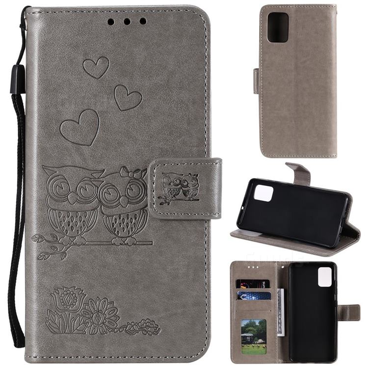 Embossing Owl Couple Flower Leather Wallet Case for Samsung Galaxy A91 - Gray