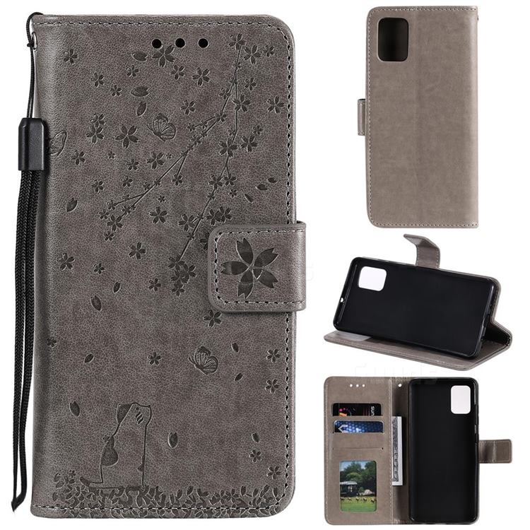 Embossing Cherry Blossom Cat Leather Wallet Case for Samsung Galaxy A91 - Gray