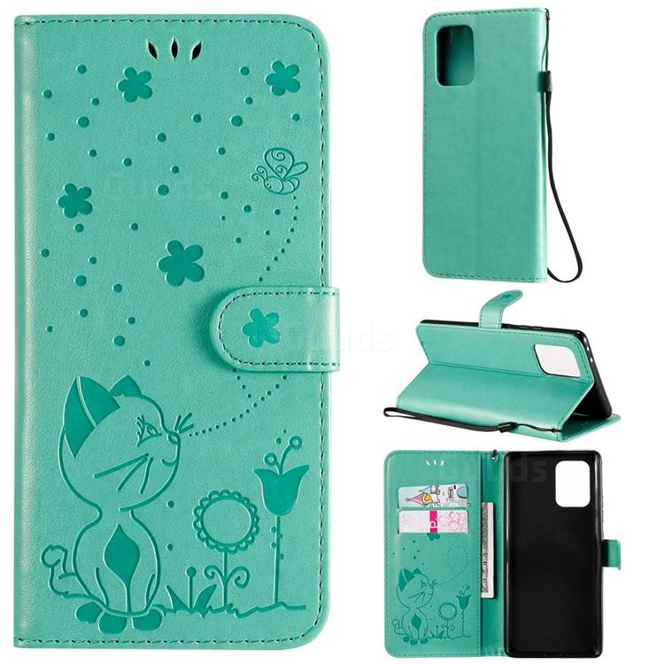 Embossing Bee and Cat Leather Wallet Case for Samsung Galaxy A91 - Green