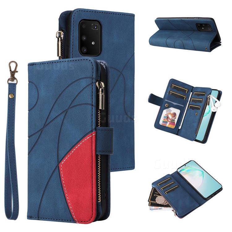 Luxury Two-color Stitching Multi-function Zipper Leather Wallet Case Cover for Samsung Galaxy A91 - Blue