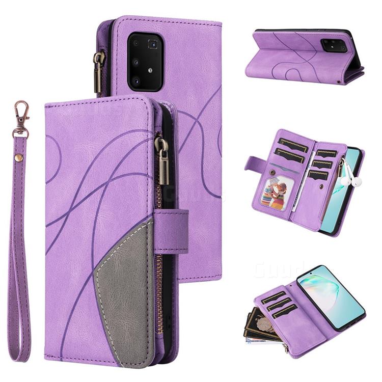 Luxury Two-color Stitching Multi-function Zipper Leather Wallet Case Cover for Samsung Galaxy A91 - Purple