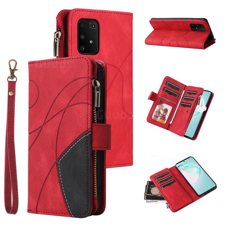 Luxury Two-color Stitching Multi-function Zipper Leather Wallet Case Cover for Samsung Galaxy A91 - Red