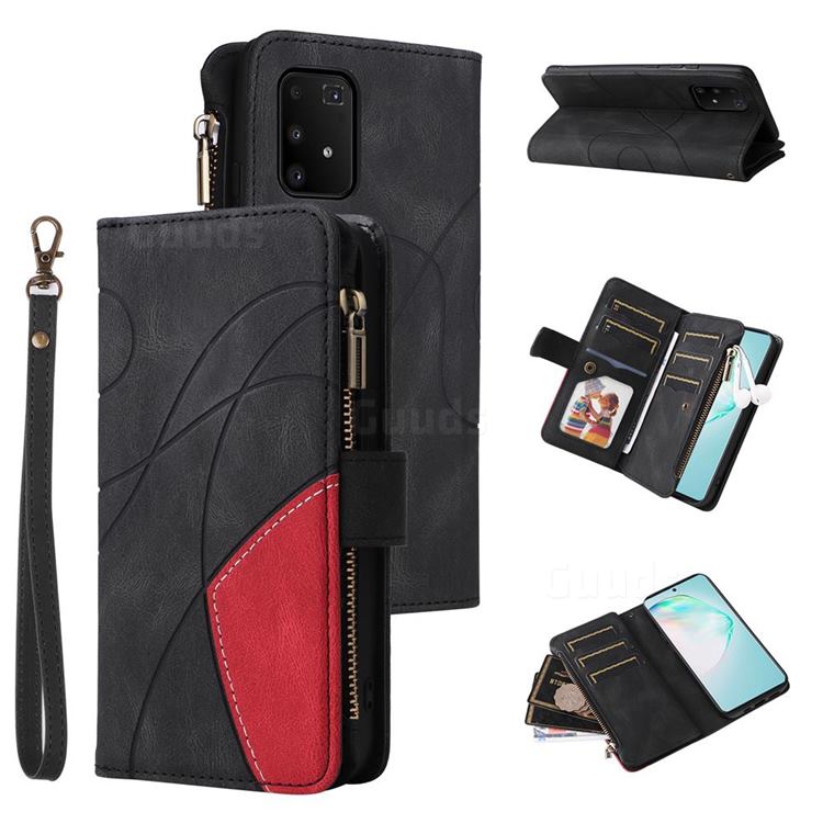 Luxury Two-color Stitching Multi-function Zipper Leather Wallet Case Cover for Samsung Galaxy A91 - Black