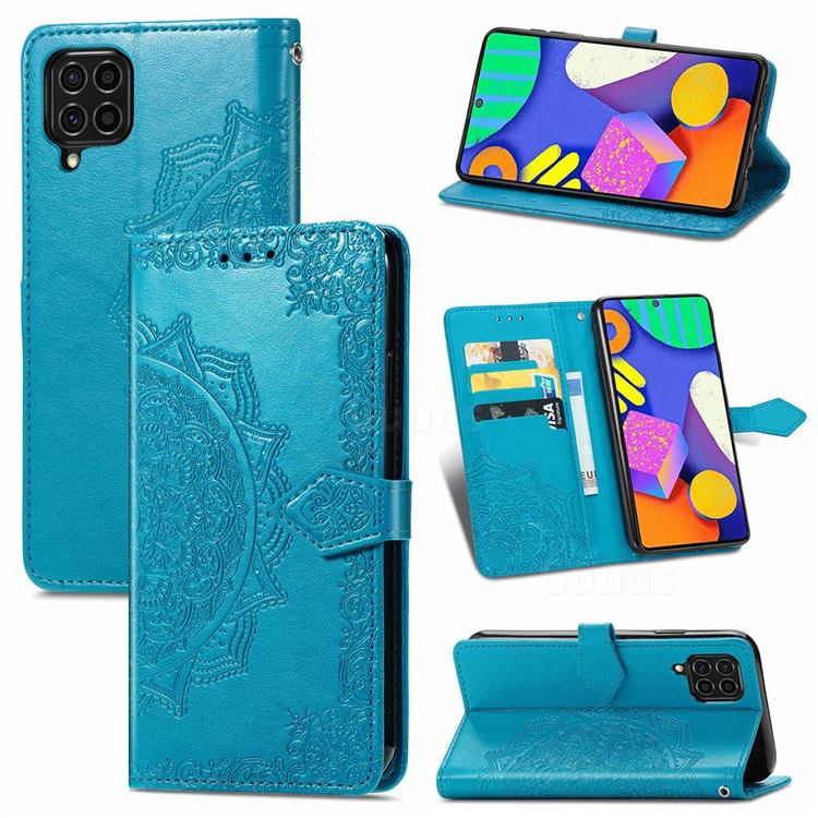 Embossing Imprint Mandala Flower Leather Wallet Case for Samsung Galaxy F62 - Blue