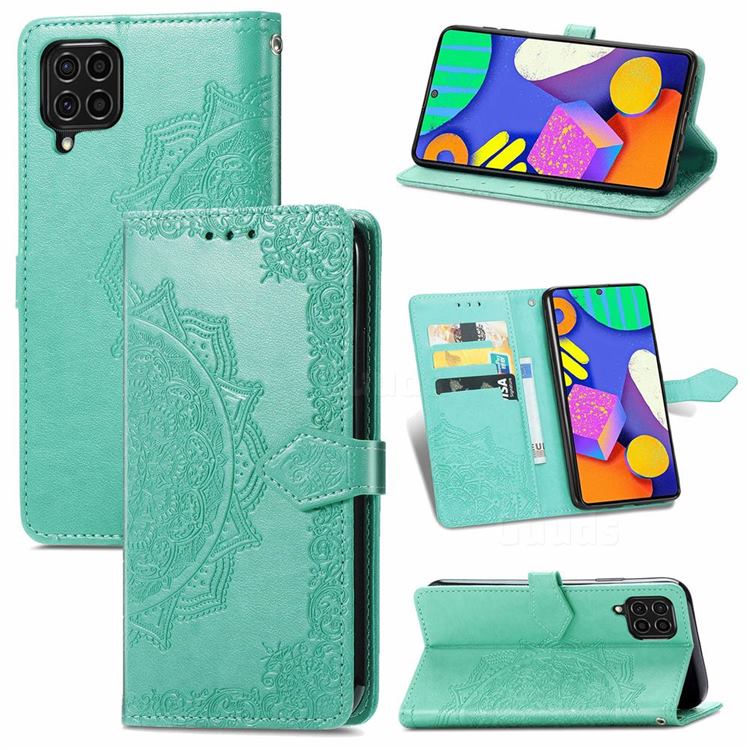 Embossing Imprint Mandala Flower Leather Wallet Case for Samsung Galaxy F62 - Green