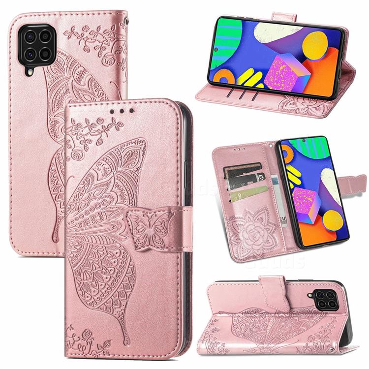 Embossing Mandala Flower Butterfly Leather Wallet Case for Samsung Galaxy F62 - Rose Gold