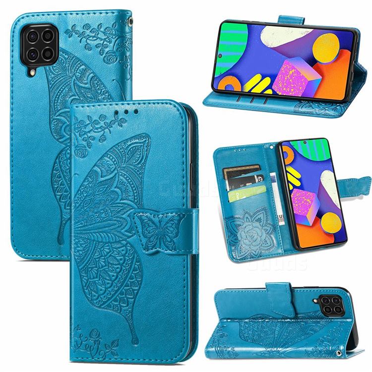 Embossing Mandala Flower Butterfly Leather Wallet Case for Samsung Galaxy F62 - Blue