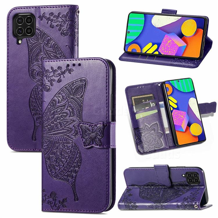 Embossing Mandala Flower Butterfly Leather Wallet Case for Samsung Galaxy F62 - Dark Purple