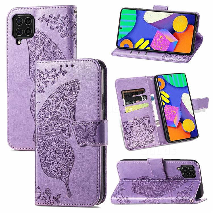 Embossing Mandala Flower Butterfly Leather Wallet Case for Samsung Galaxy F62 - Light Purple