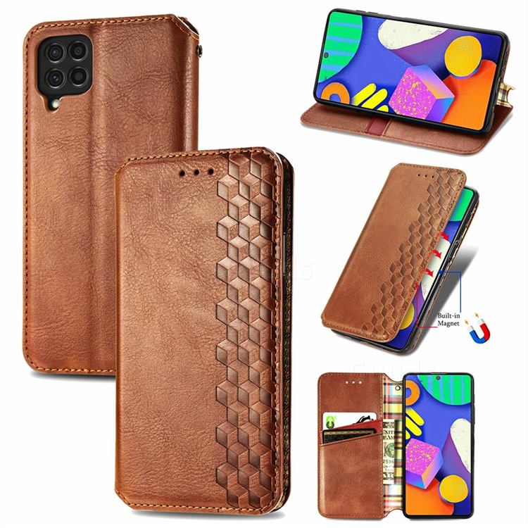 Ultra Slim Fashion Business Card Magnetic Automatic Suction Leather Flip Cover for Samsung Galaxy F62 - Brown
