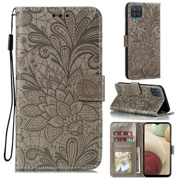 Intricate Embossing Lace Jasmine Flower Leather Wallet Case for Samsung Galaxy F62 - Gray