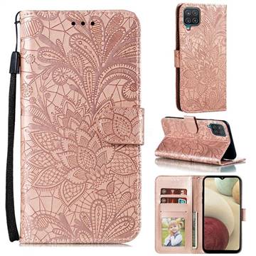 Intricate Embossing Lace Jasmine Flower Leather Wallet Case for Samsung Galaxy F62 - Rose Gold