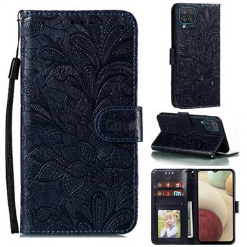 Intricate Embossing Lace Jasmine Flower Leather Wallet Case for Samsung Galaxy F62 - Dark Blue