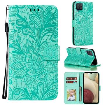 Intricate Embossing Lace Jasmine Flower Leather Wallet Case for Samsung Galaxy F62 - Green