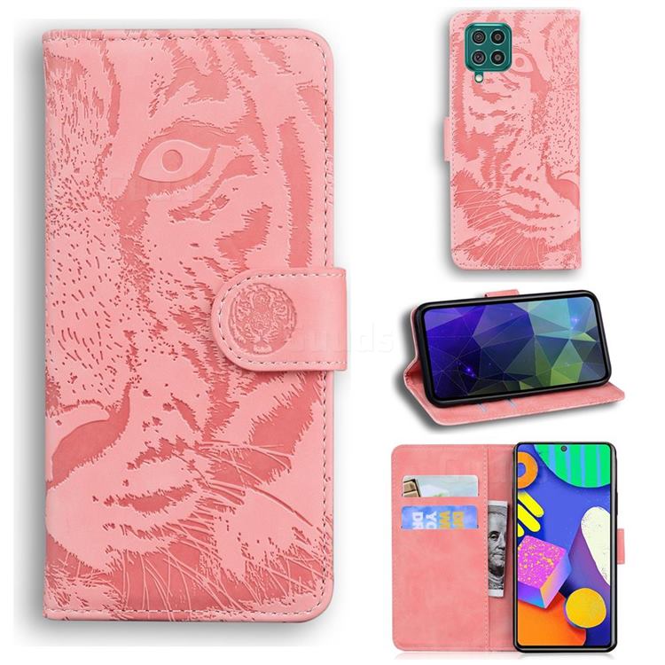 Intricate Embossing Tiger Face Leather Wallet Case for Samsung Galaxy F62 - Pink