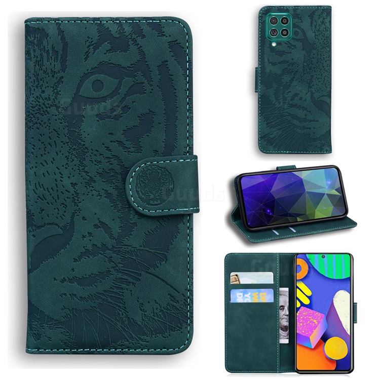 Intricate Embossing Tiger Face Leather Wallet Case for Samsung Galaxy F62 - Green