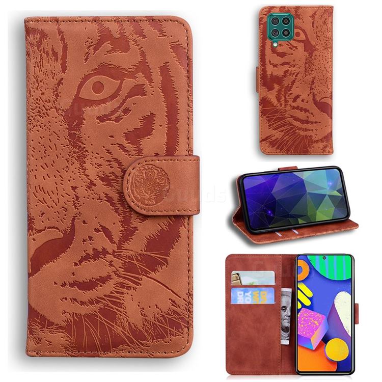 Intricate Embossing Tiger Face Leather Wallet Case for Samsung Galaxy F62 - Brown
