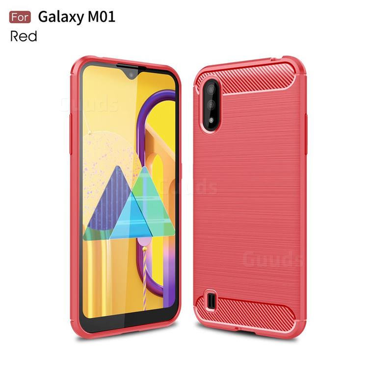 Luxury Carbon Fiber Brushed Wire Drawing Silicone TPU Back Cover for Samsung Galaxy M01 - Red