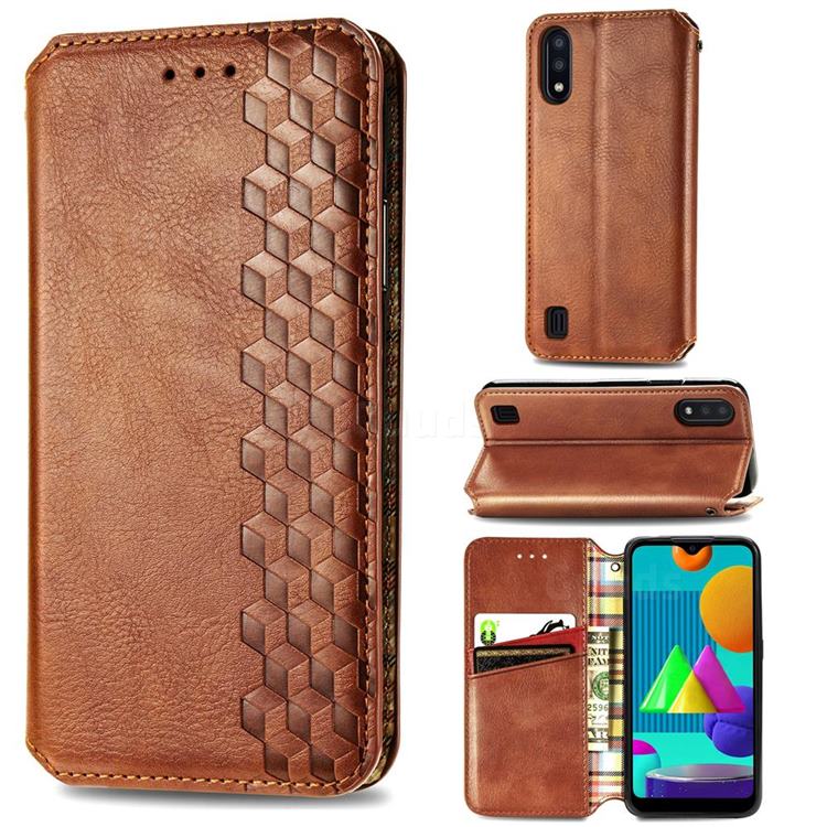 Ultra Slim Fashion Business Card Magnetic Automatic Suction Leather Flip Cover for Samsung Galaxy M01 - Brown