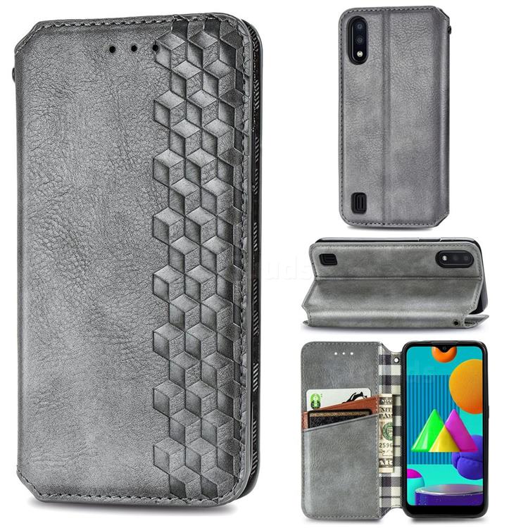 Ultra Slim Fashion Business Card Magnetic Automatic Suction Leather Flip Cover for Samsung Galaxy M01 - Grey