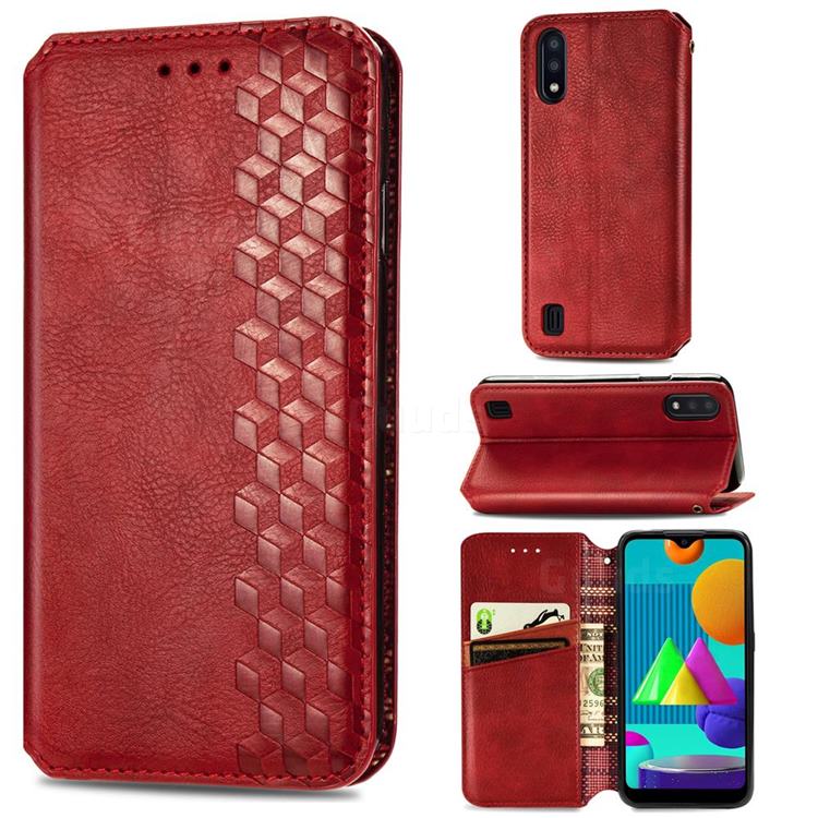 Ultra Slim Fashion Business Card Magnetic Automatic Suction Leather Flip Cover for Samsung Galaxy M01 - Red