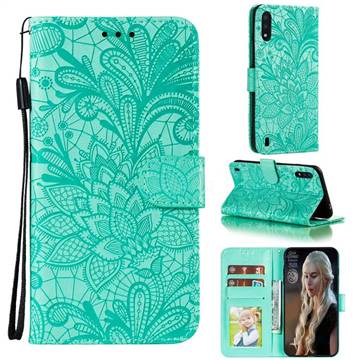 Intricate Embossing Lace Jasmine Flower Leather Wallet Case for Samsung Galaxy M01 - Green