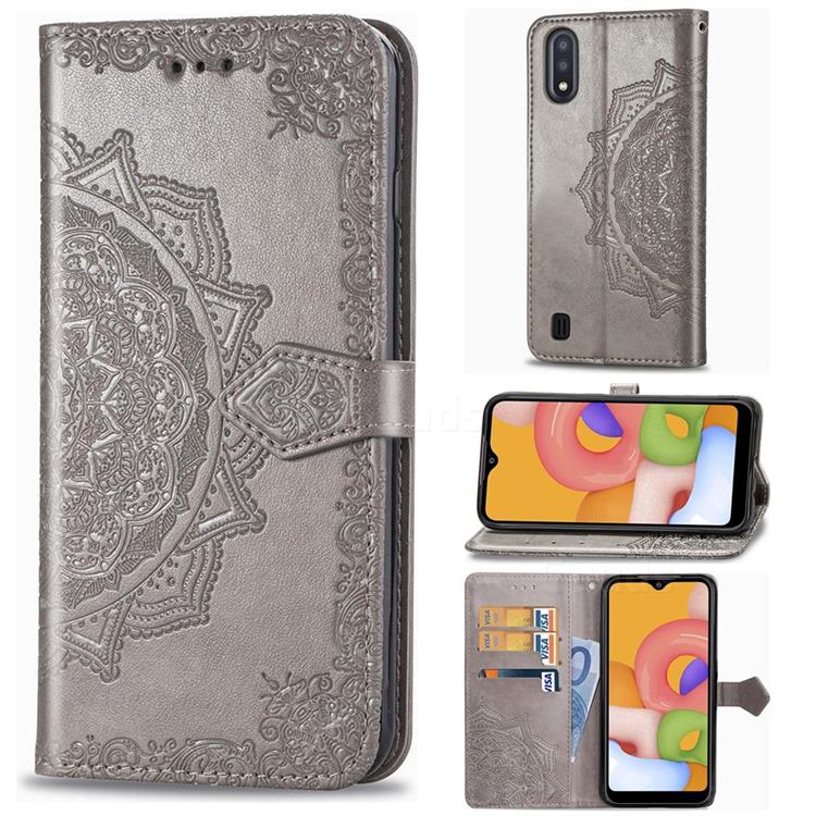 Embossing Imprint Mandala Flower Leather Wallet Case for Samsung Galaxy M01 - Gray