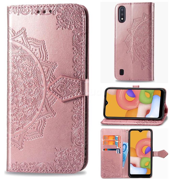 Embossing Imprint Mandala Flower Leather Wallet Case for Samsung Galaxy M01 - Rose Gold