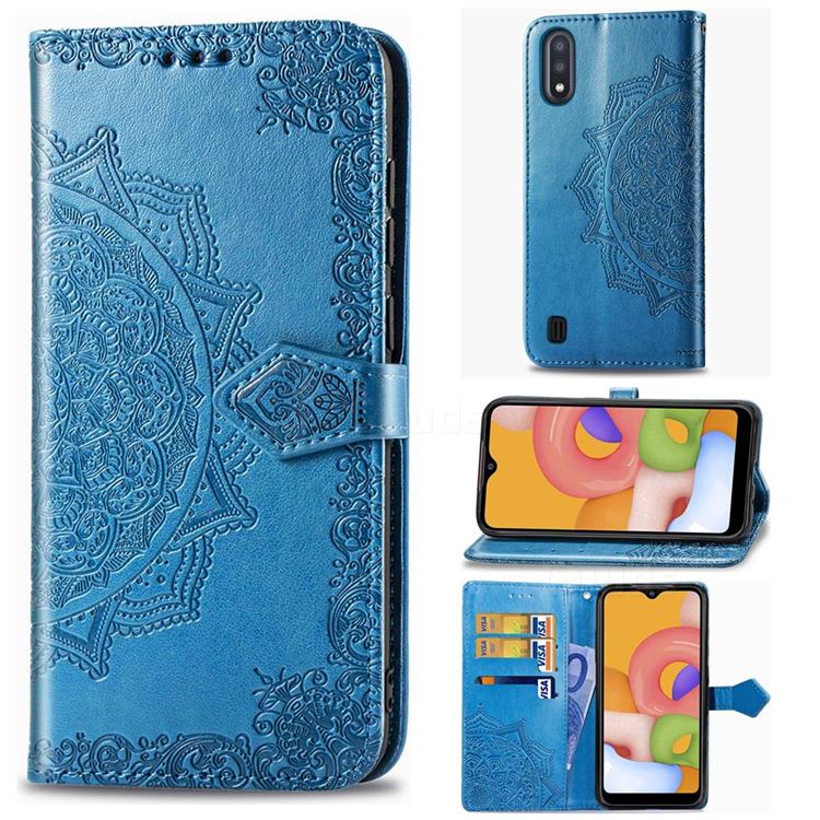Embossing Imprint Mandala Flower Leather Wallet Case for Samsung Galaxy M01 - Blue