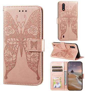 Intricate Embossing Rose Flower Butterfly Leather Wallet Case for Samsung Galaxy M01 - Rose Gold
