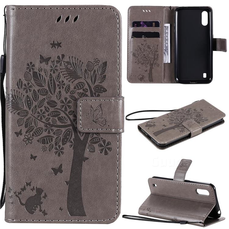 Embossing Butterfly Tree Leather Wallet Case for Samsung Galaxy M01 - Grey