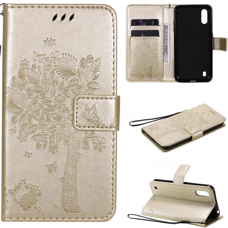Embossing Butterfly Tree Leather Wallet Case for Samsung Galaxy M01 - Champagne