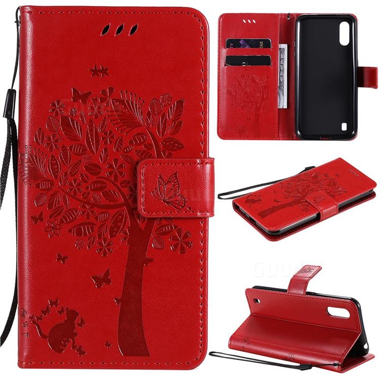 Embossing Butterfly Tree Leather Wallet Case for Samsung Galaxy M01 - Red