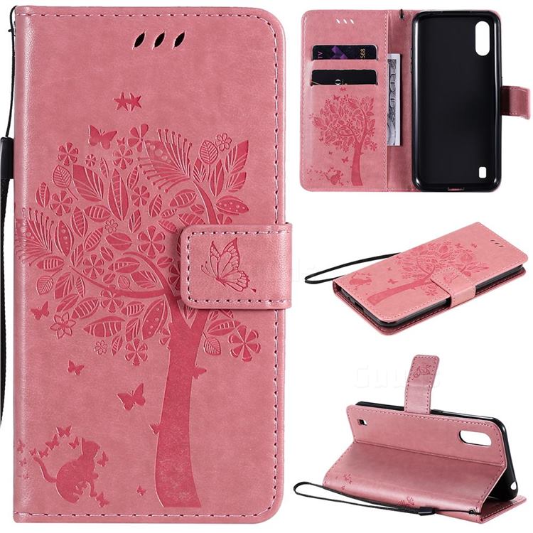 Embossing Butterfly Tree Leather Wallet Case for Samsung Galaxy M01 - Pink