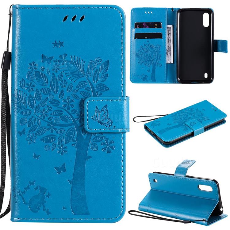 Embossing Butterfly Tree Leather Wallet Case for Samsung Galaxy M01 - Blue
