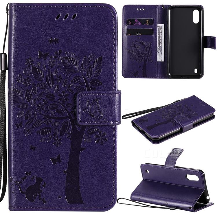 Embossing Butterfly Tree Leather Wallet Case for Samsung Galaxy M01 - Purple