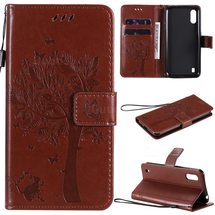 Embossing Butterfly Tree Leather Wallet Case for Samsung Galaxy M01 - Coffee