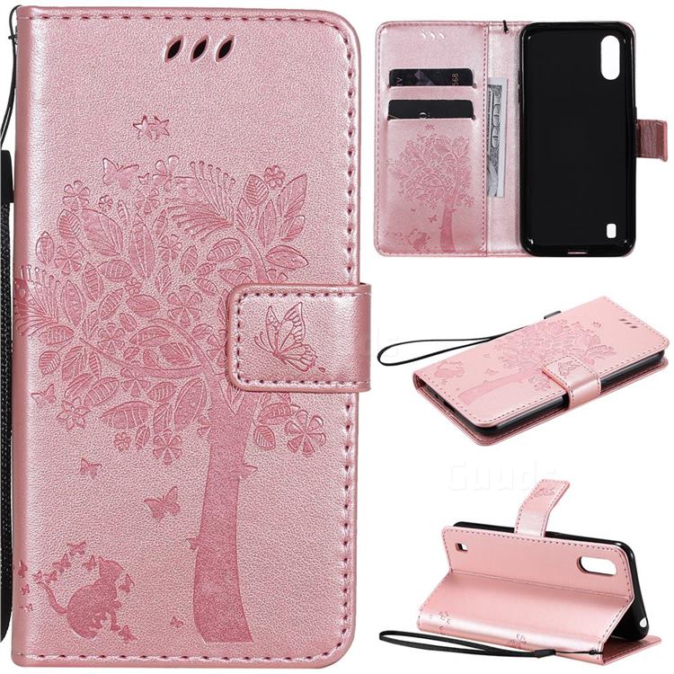 Embossing Butterfly Tree Leather Wallet Case for Samsung Galaxy M01 - Rose Pink