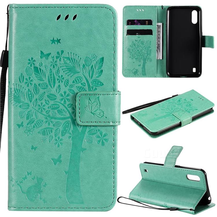 Embossing Butterfly Tree Leather Wallet Case for Samsung Galaxy M01 - Cyan
