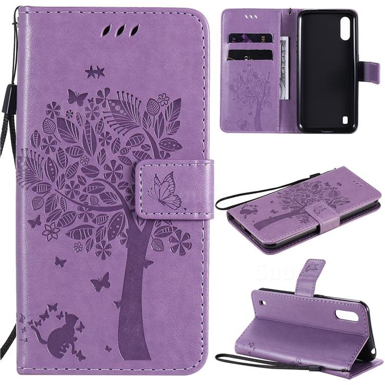 Embossing Butterfly Tree Leather Wallet Case for Samsung Galaxy M01 - Violet