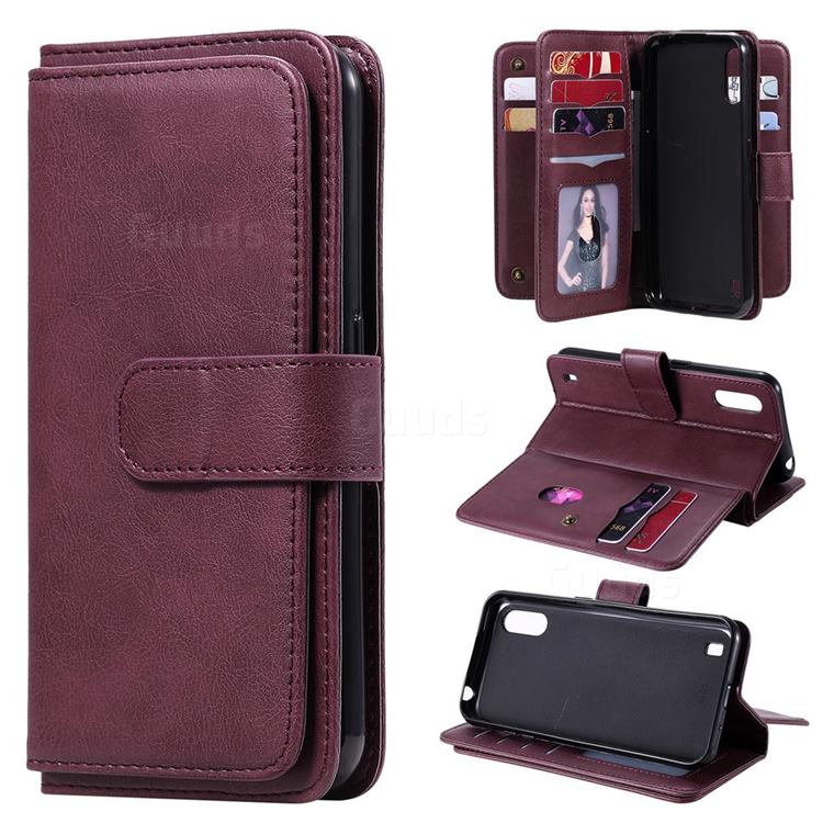 Multi-function Ten Card Slots and Photo Frame PU Leather Wallet Phone Case Cover for Samsung Galaxy M01 - Claret