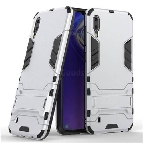 Armor Premium Tactical Grip Kickstand Shockproof Dual Layer Rugged Hard Cover for Samsung Galaxy M10 - Silver