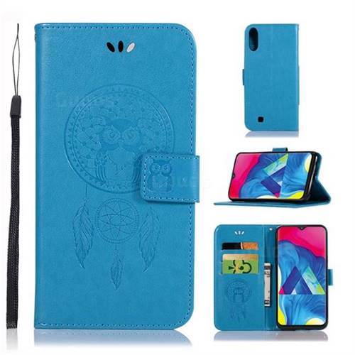 Intricate Embossing Owl Campanula Leather Wallet Case for Samsung Galaxy M10 - Blue