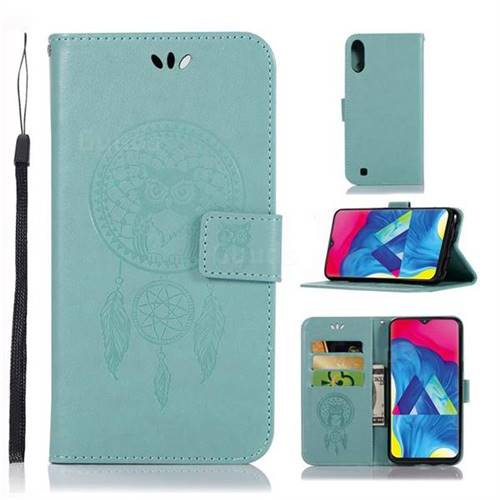 Intricate Embossing Owl Campanula Leather Wallet Case for Samsung Galaxy M10 - Green