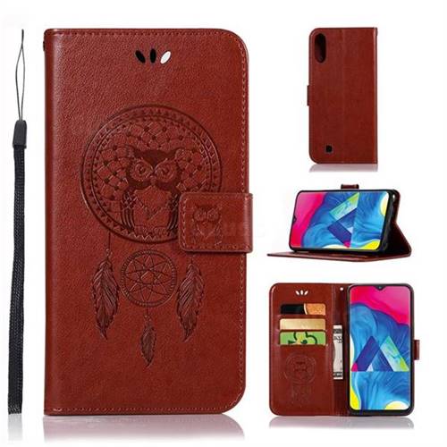 Intricate Embossing Owl Campanula Leather Wallet Case for Samsung Galaxy M10 - Brown