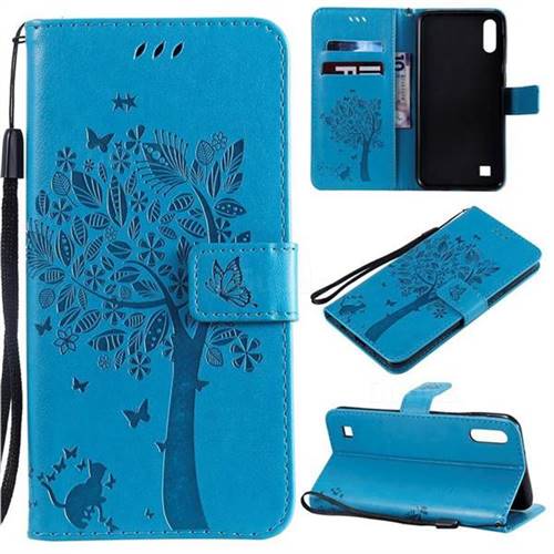 Embossing Butterfly Tree Leather Wallet Case for Samsung Galaxy M10 - Blue