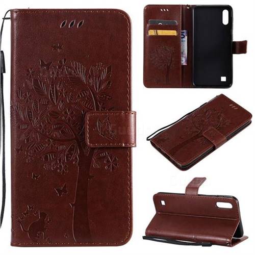 Embossing Butterfly Tree Leather Wallet Case for Samsung Galaxy M10 - Coffee