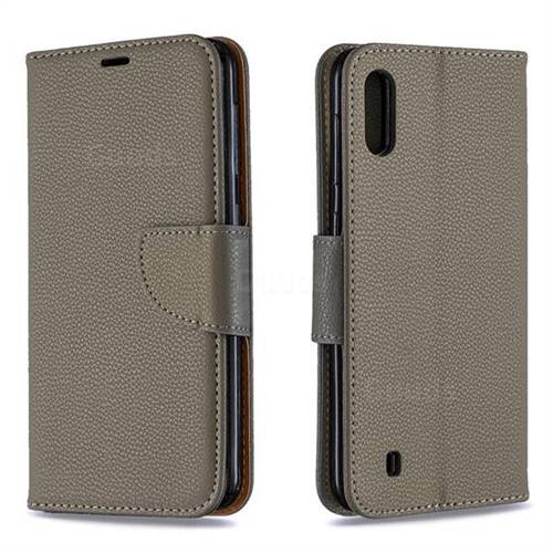 Classic Luxury Litchi Leather Phone Wallet Case for Samsung Galaxy M10 - Gray