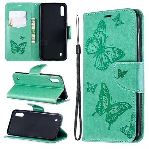Embossing Double Butterfly Leather Wallet Case for Samsung Galaxy M10 - Green